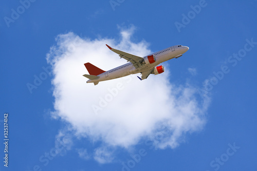 An airline plane in the blue sky flying in front of a big white cloud. Image with copy space.