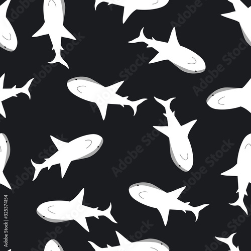 Vector sea animal wild. Seamless pattern with sharks on black background. Vector colorful illustration. Adorable character for cards, wallpaper, textile, fabric. Cartoon style.