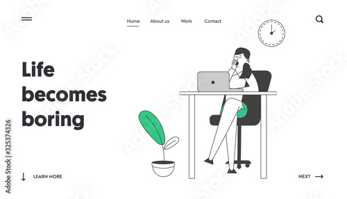 Procrastination, Business Laziness Website Landing Page. Procrastinating Lazy Businesswoman Employee Yawning at Workplace Sit at Office Desk Web Page Banner. Cartoon Flat Vector Illustration, Line Art