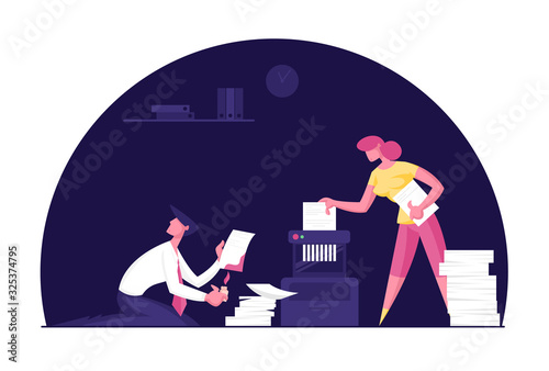 Businessman and Businesswoman Sitting in Dark Office Cabinet Put Paper Secret Document to Shredder for Destroying and Burning Pages with Private Information, Crime Cartoon Flat Vector Illustration