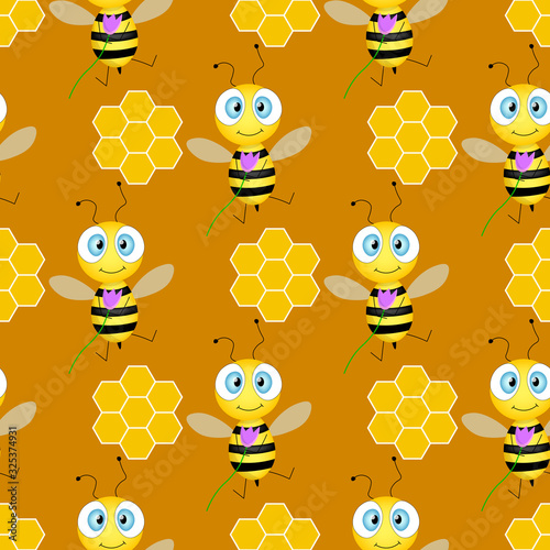 Seamless pattern with bees and honeycombs on brown background. Vector illustration. Adorable cartoon character. Template design for invitation, cards, textile, fabric. Doodle style. Bee with flower.