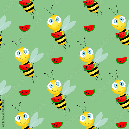 Seamless pattern with bee and watermelon on green background. Vector illustration. Adorable cartoon character. Template design for invitation  cards  textile  fabric. Doodle style. 