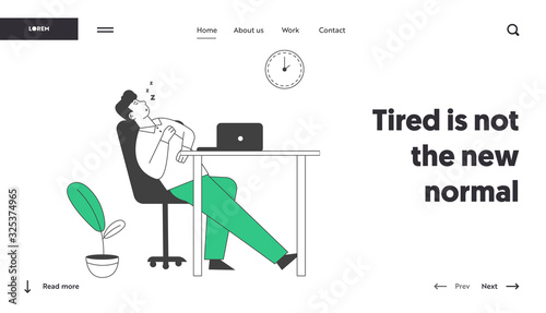 Procrastination, Overwork Burnout Symptom Website Landing Page. Lazy, Boring or Tired Businessman with Low Life Energy Sleep at Working Place Web Page Banner. Cartoon Flat Vector Illustration Line Art