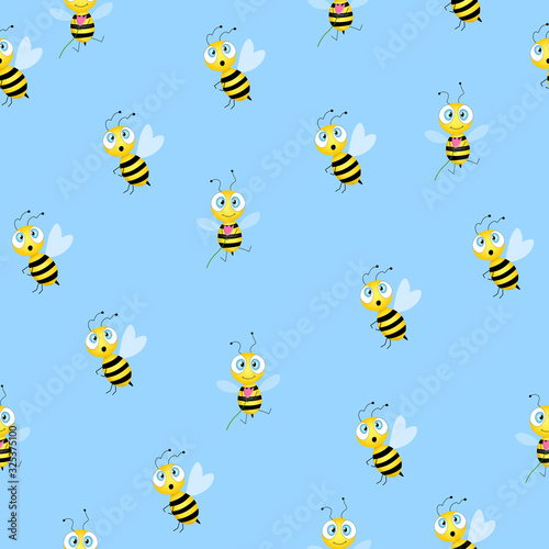 Seamless pattern with bees on blue background. Vector illustration. Adorable cartoon character. Template design for invitation, cards, textile, fabric. Doodle style. © Alla