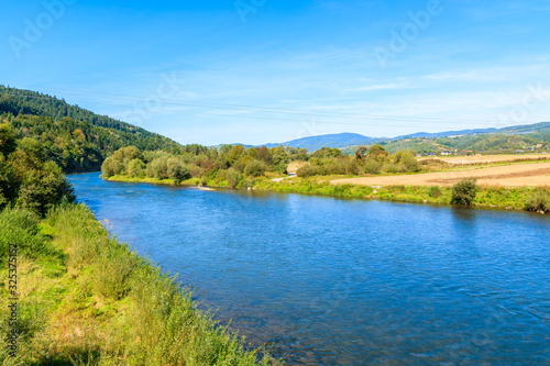 View of river near Velo Dunajec cycling road, Beskid Sadecki Mountains, Poland