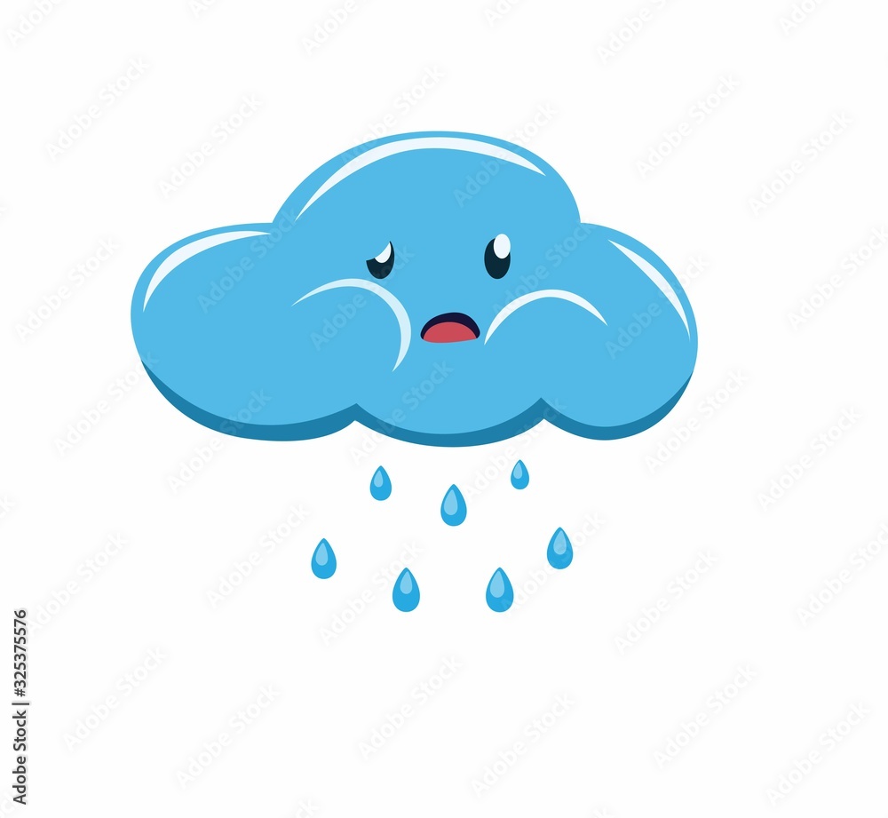cloud cry and making rain, cloud emoticon sad cartoon flat illustration vector isolated in white background