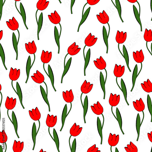 Spring colorful vector illustration with red tulips on white background. Cartoon style. Design for fabric  textile  wallpaper  posters  card  paper. Holiday print. Flowers with leaves.