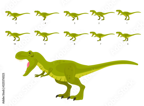 Gait animation of cartoon 2d tyrannosaurus. The full cycle of walking dinosaur.