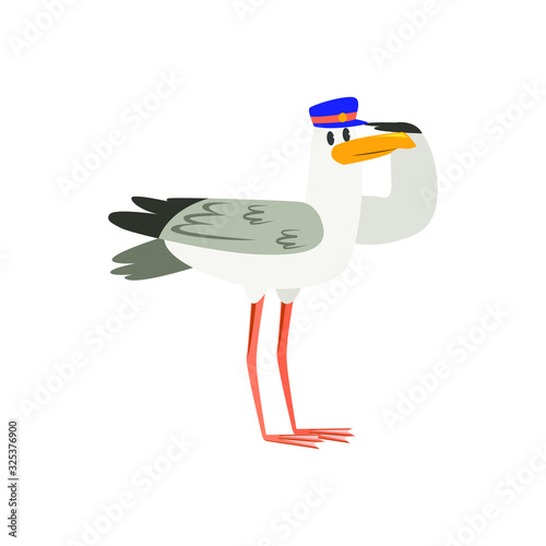 Seagull pilot or captain salutes. Seabird, character for baby design.