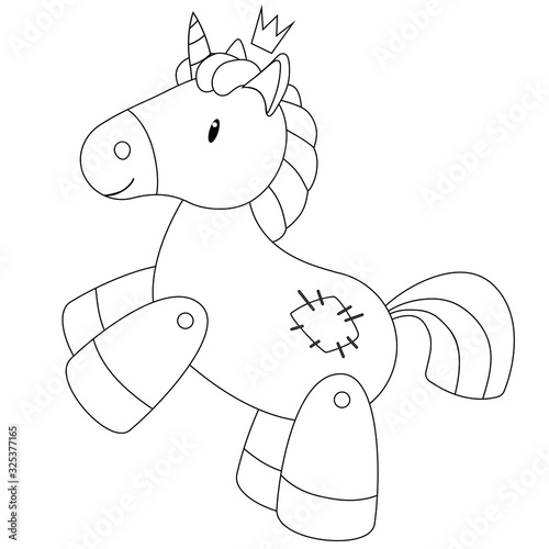 Cute hand drawn cartoon unicorn. Vector illustration in black outline on a white background for designing baby clothes, kid print, posters, coloring page