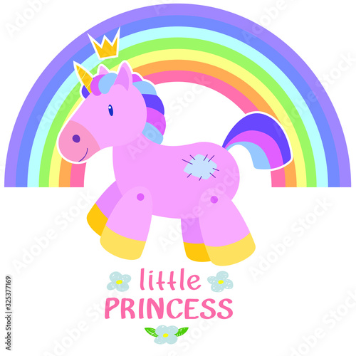 Cute hand drawn cartoon unicorn  baby animal character  little princess. Vector illustration for designing baby clothes  kid print  posters