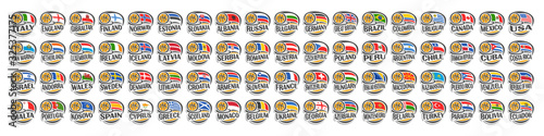 Vector set of Basketball Icons with illustration of national flags and basketball ball in hoop, collection of 72 sport sings for european and american basketball tournament isolated on white.