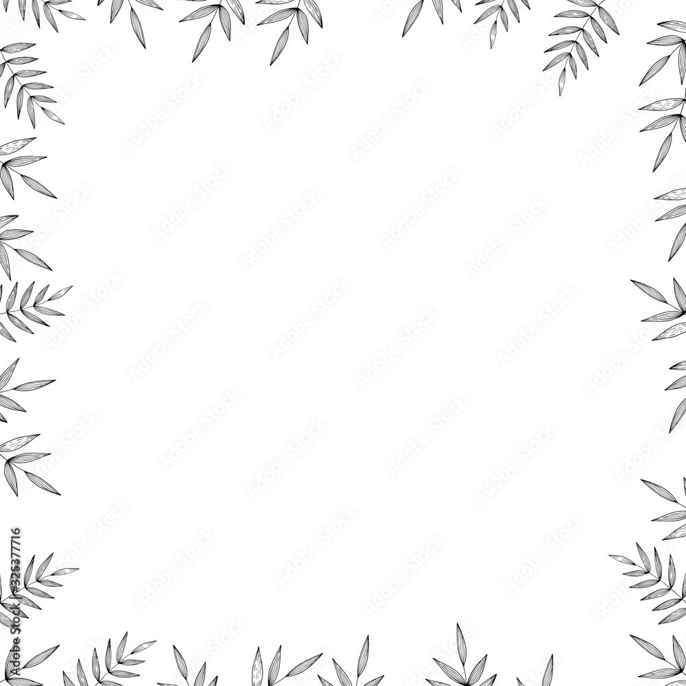 Floral frame with branches on white background. Ornament with tropic leaves. Outline vector stock illustration for wallpaper, posters, card.  Doodle style. Copy space.