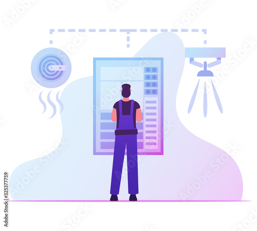 Fire, Energy and Electrical Safety Concept. Foreman Electrician in Robe Overalls Examine Working Draft or Measure Voltage at Dashboard. Smoke Trap Signaling System Cartoon Flat Vector Illustration