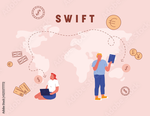 Businessman and Businesswoman Using Gadgets for Money Transfer, Swift, Society Worldwide Interbank Financial Telecommunication, Payment Transaction Service Technology Cartoon Flat Vector Illustration