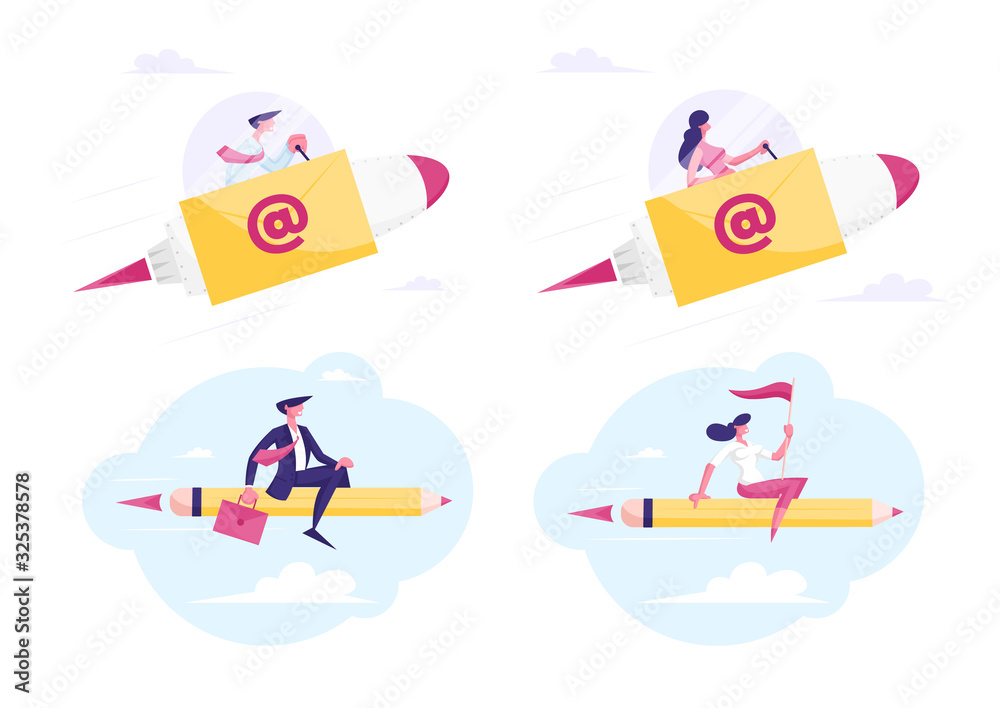 Set of Businesspeople Flying on Pencil E-mail Rocket to Working Success and Goal Achievement Reach New Level of Development and Career Boost Business People Characters Cartoon Flat Vector Illustration