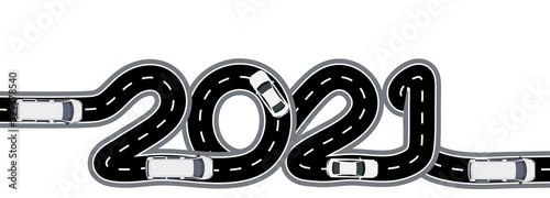 2021 New Year. The road with markings is stylized as an inscription. Car traffic. Isolated illustration