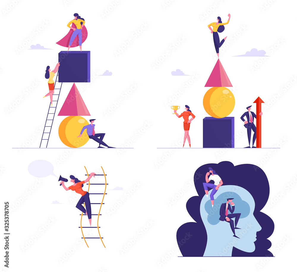 Set of Businesspeople Building Pyramid of Geometric Figures, Leadership, Goal Achievement. Brainstorm Process in Human Head. Characters Isolated on White Background Cartoon Flat Vector Illustration Set of Businesspeople Building Pyramid of Geometric Figures, Leadership, Goal Achievement. Brainstorm Process in Human Head. Characters Isolated on White Background Cartoon Flat Vector Illustration