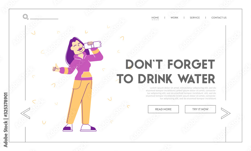 Healthy Sport Lifestyle Website Landing Page. Athletic Sportswoman Drinking Water from Bottle Refreshing after Fitness Sports Activity Web Page Banner. Cartoon Flat Vector Illustration, Line Art