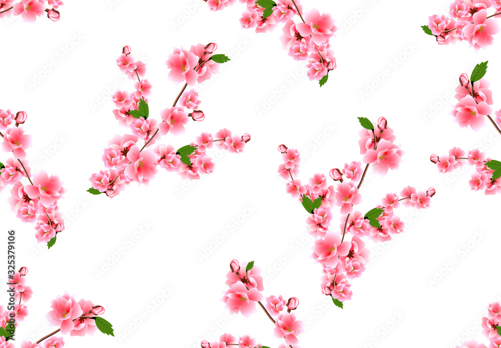 Sakura seamless. Bouquets of pink cherry flowers with buds. Industrial Design. illustration
