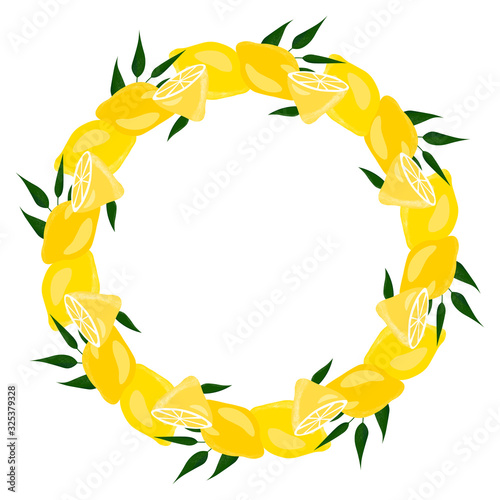 Citrus summer round frame with lemons, limes and leaves. Tropical seamlees border with colorful fruits on white background. Template design for invitation, poster, card, flyer, banner. Copy space.