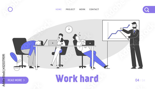 Businesspeople Boring at Meeting Presentation Website Landing Page. Businessman Explain Company Strategy, Boring Employees Sleeping at Desk Web Page Banner. Cartoon Flat Vector Illustration, Line Art