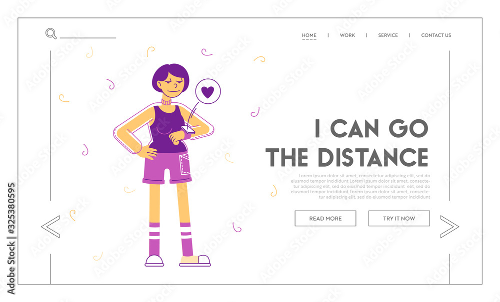 Fitness Workout Session Website Landing Page. Girl Using Smart Watch to Monitor her Performance. Woman Looking on Smartwatch Heart Beating Web Page Banner. Cartoon Flat Vector Illustration, Line Art