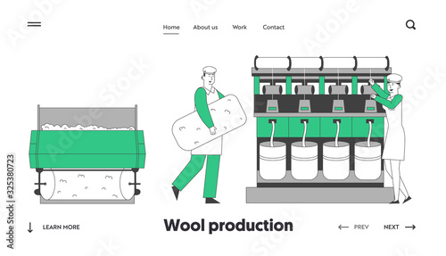 Wool Textile Industry Website Landing Page. Factory Workers in Uniform Standing Near Controlling Weaver Loom Creating Cloth. Plant Facilities Web Page Banner. Cartoon Flat Vector Illustration Line Art