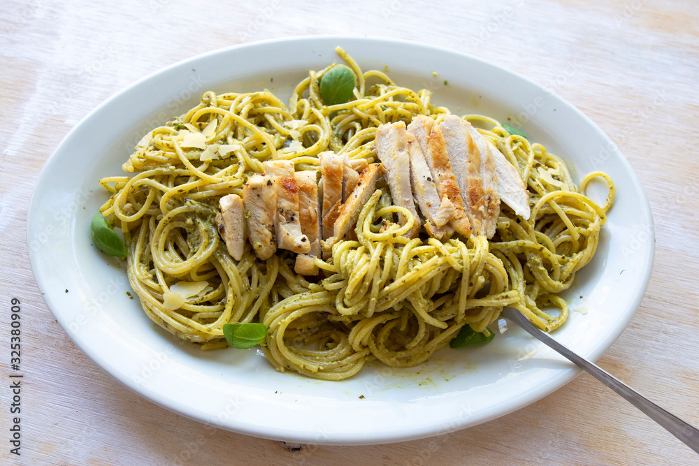 Pasta with Grilled Chicken and Basil Pesto Sauce