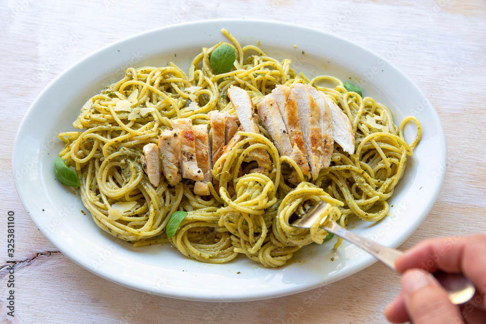 Pasta with Grilled Chicken and Basil Pesto Sauce