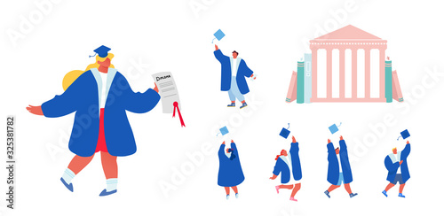 Set of Students Male Female Characters Alumnus Graduating University, College or School. Cheerful People In Academical Cap and Gown Graduate with Diploma Certificate Cartoon Flat Vector Illustration