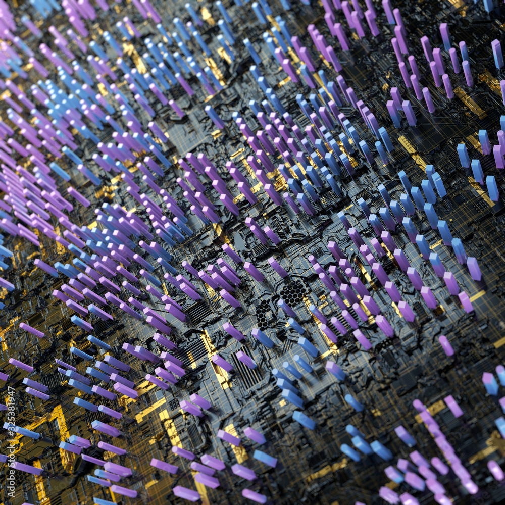 Obraz premium Circuit board futuristic server code processing. Multicolor technology background. 3d rendering