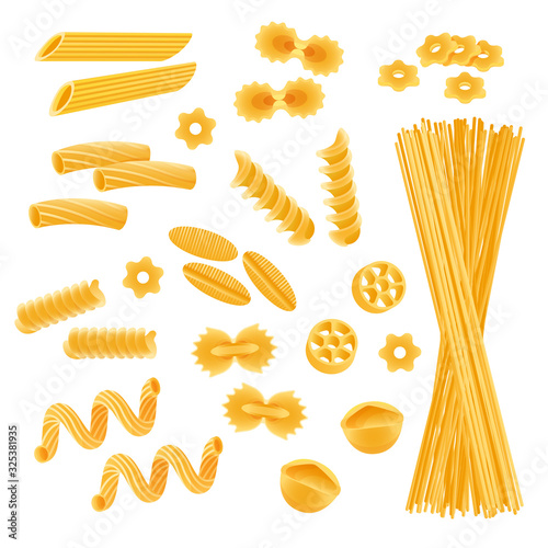 Pasta set isolated on white, different kinds of macaroni and spaghetti uncooked, vector illustration. Various types of pasta, ingredient of Italian cuisine. Farfalle, fusilli, penne and rotelle