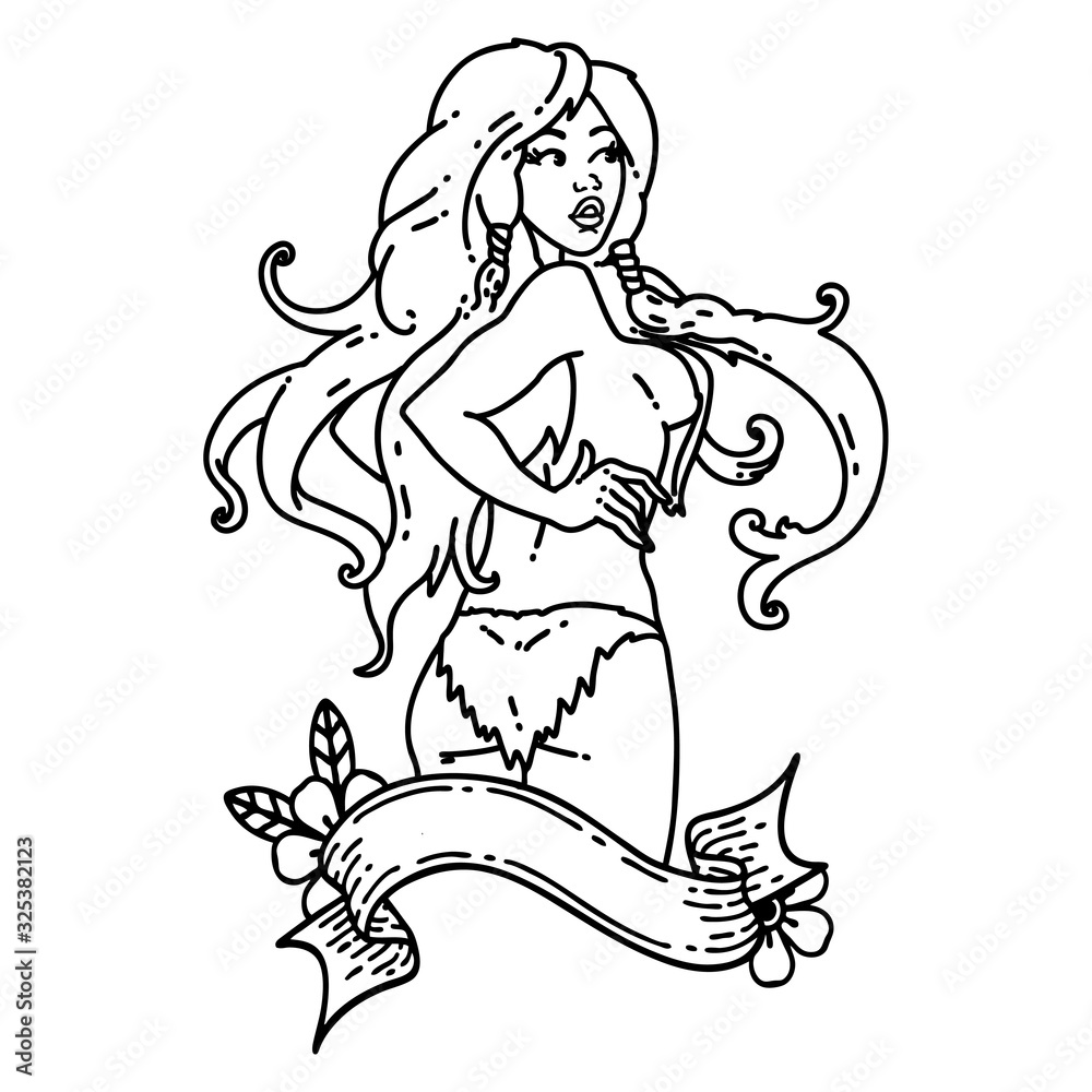 black line tattoo of a pinup viking girl with banner