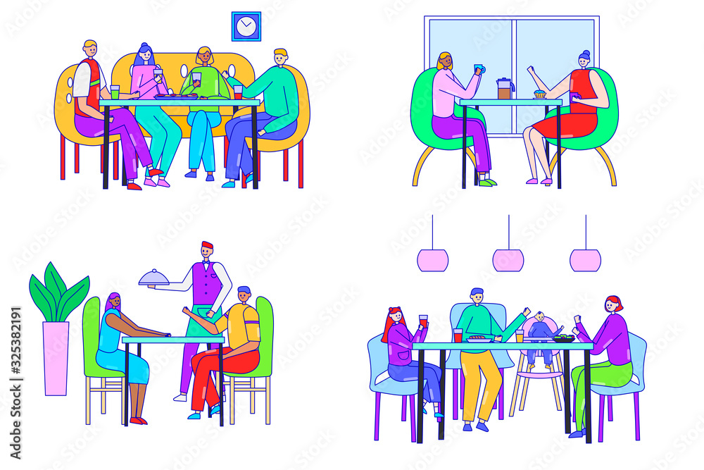 People in cafe, friends in restaurant, cartoon characters in flat line art style, vector illustration. Happy family together in restaurant, couple on romantic date. Friends meeting, isolated set