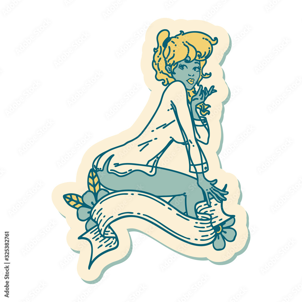 tattoo style sticker of a pinup girl wearing a shirt with banner tattoo style sticker of a pinup girl wearing a shirt with banner