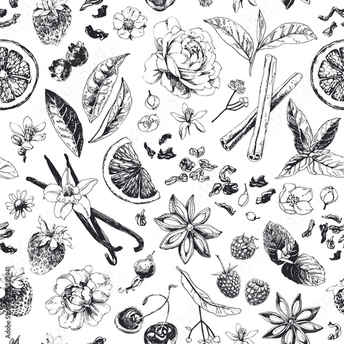 Seamless pattern background, ink drawn illustration with tea related items