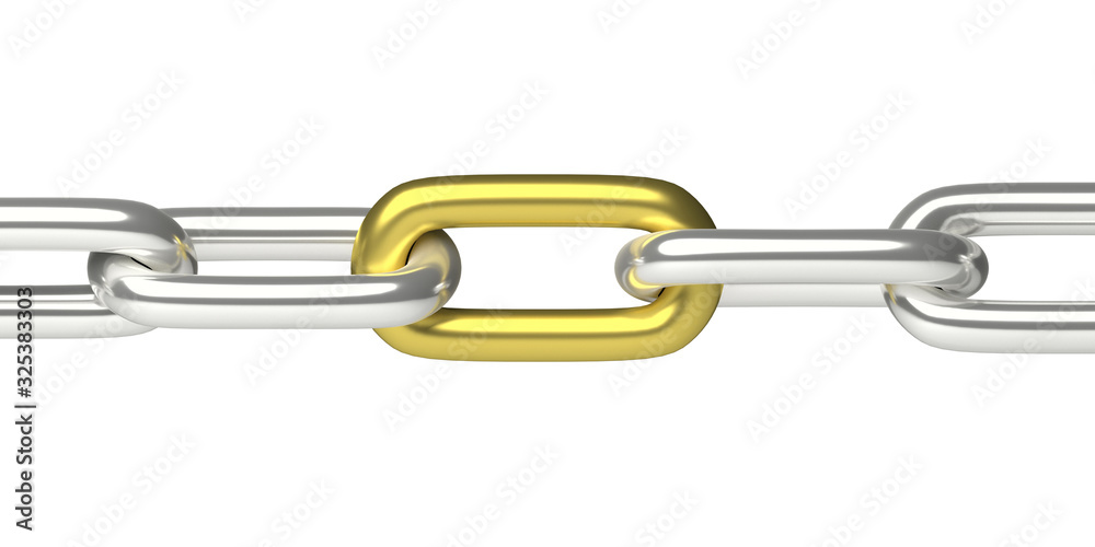 Chain with one gold link isolated on white background. 3d illustration Chain with one gold link isolated on white background. 3d illustration