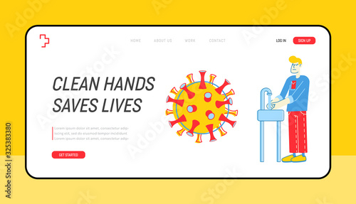 Precautionary Hygienic Measures for Coronavirus Protection Website Landing Page.Man Washing Hands in Bathroom with Huge Ncov Cell nearby Page Banner. Cartoon Flat Vector Illustration, Line Art