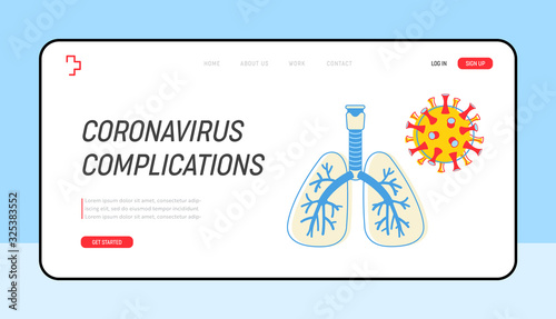 Coronavirus Medical Website Landing Page. Human Lungs and Ncov Cell. Healthcare Ncov Concept for Infographics, Pandemic Disease Prevention Web Page Banner. Cartoon Flat Vector Illustration, Line Art