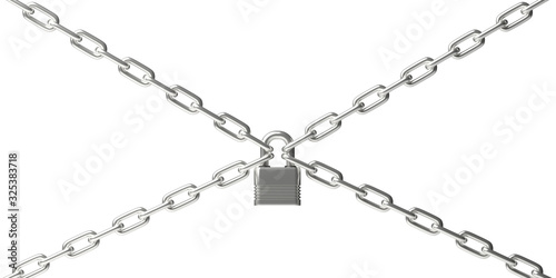 Padlock closed on four chains isolated against white background. 3d illustration