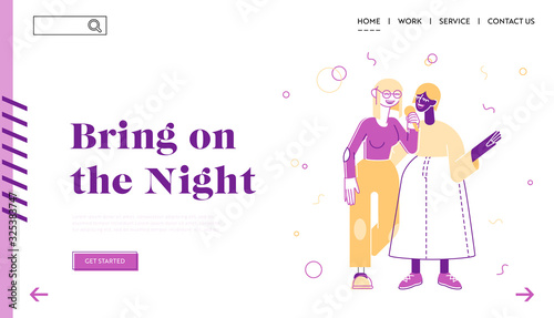 Weekend Sparetime, Creative Hobby, Corporate Party Tv Show Website Landing Page. Girls Singing Song in Karaoke Bar with Microphones on Stage Web Page Banner. Cartoon Flat Vector Illustration, Line Art