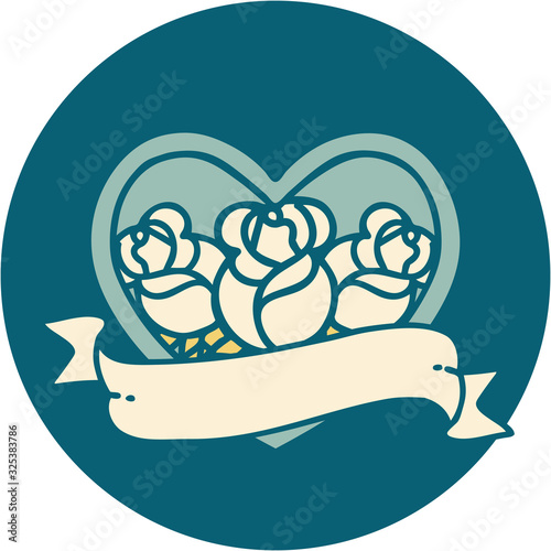 tattoo style icon of a heart and banner with flowers