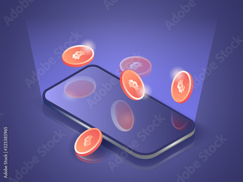 A bunch of bitcoins on smartphone mobile online. 3D vector isometric illustration.