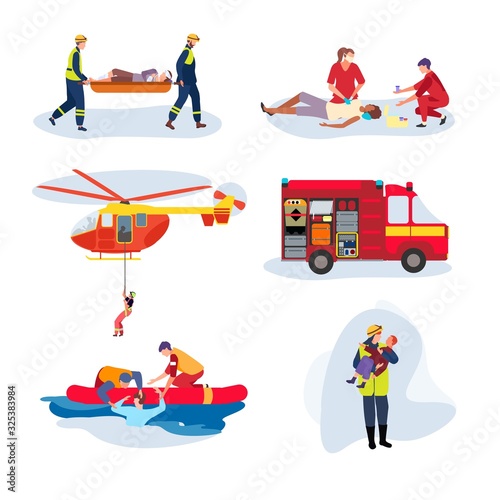 Emergency rescue team, help people cartoon characters, set isolated on white, vector illustration. Lifeguard save drowning man, brave firefighter holding kid. Rescue helicopter and paramedics team set
