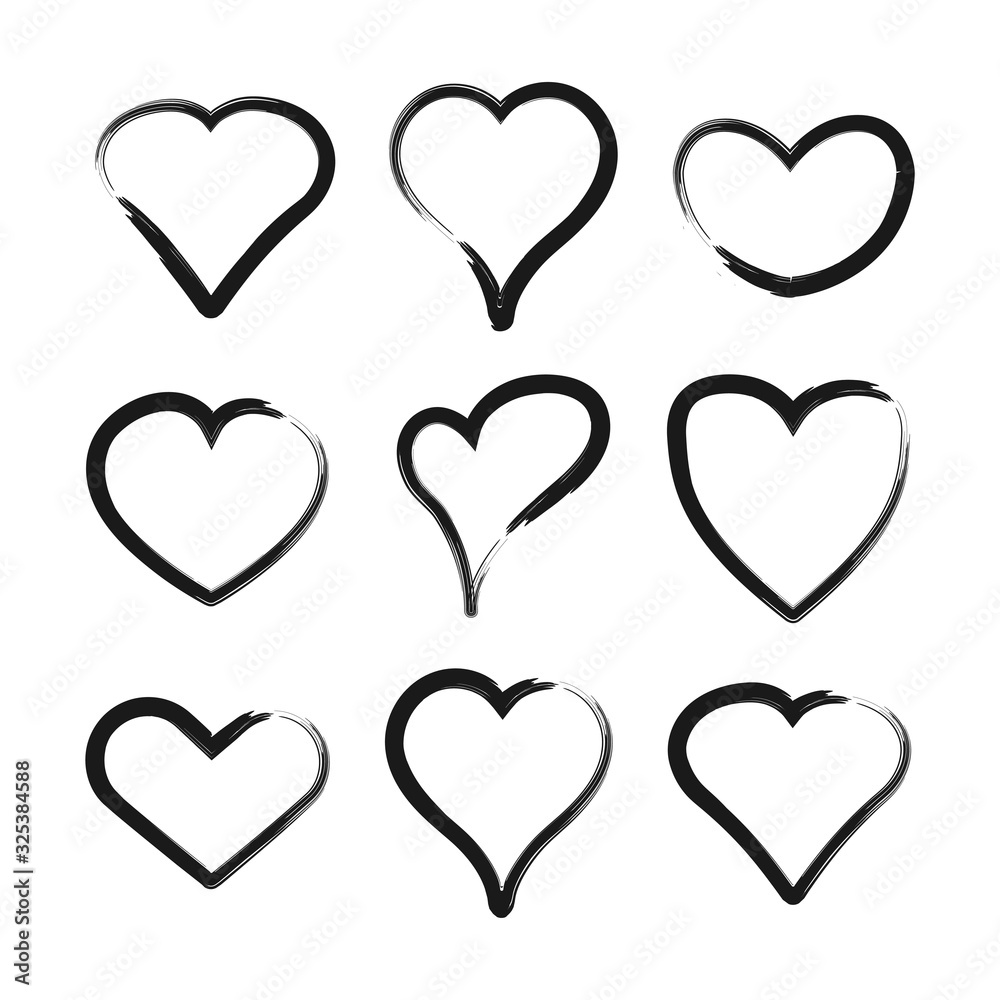 Collection heart hand drawn grunge icons of black color isolated on white background. Elements for Valentine's day. Vector