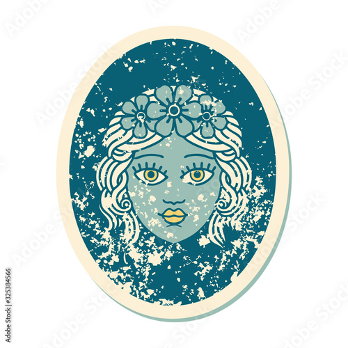 distressed sticker tattoo style icon of a maiden with crown of flowers