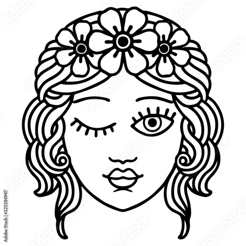 black line tattoo of a maidens face winking
