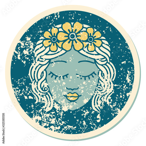 distressed sticker tattoo style icon of a maidens face