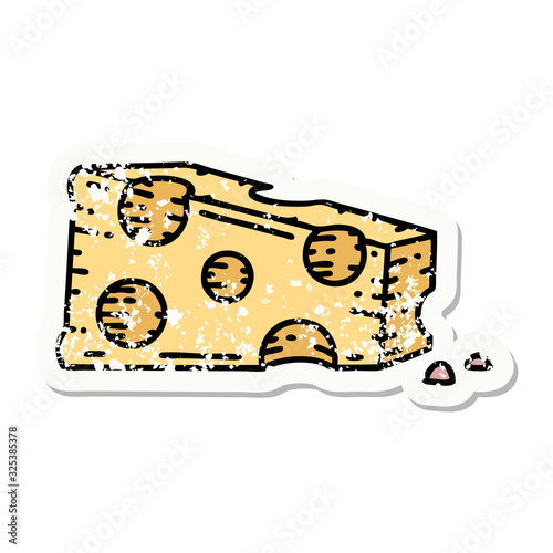 traditional distressed sticker tattoo of a slice of cheese
